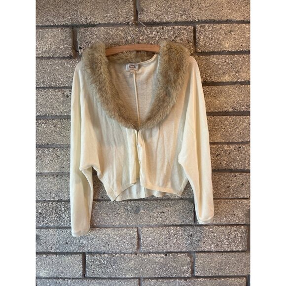 Vintage Frenchi Faux Fur Collar Cardigan Sweater With Pearl Buttons - L - Picture 1 of 10